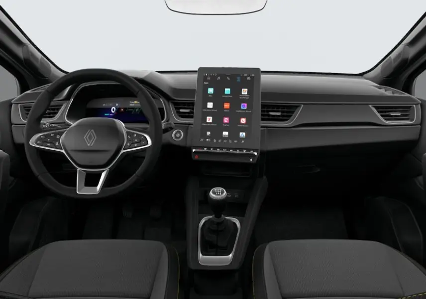 Vue avant de l'intérieur noir étoile du Renault Symbioz 2025, avec volant multifonction et écran tactile vertical central.
