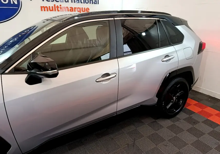 Profil côté gauche du Toyota RAV4 2WD gris clair 2019 avec rétroviseurs noirs et jantes noires.