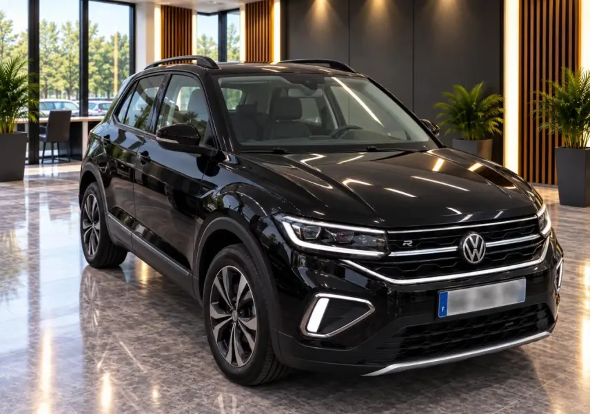 Volkswagen T-Cross 2025 noir métal en vue 3/4 avant, finition R-Line avec signature lumineuse distinctive et jantes alliage.