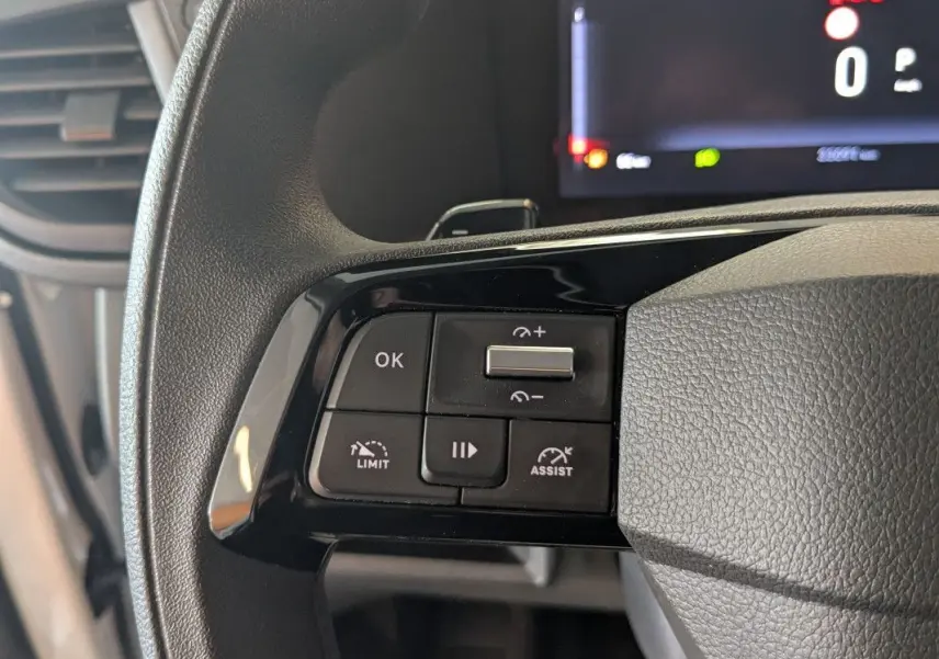 Gros plan sur les commandes à gauche du volant du Fiat Scudo Fourgon blanc, avec boutons de régulateur et assistant de conduite.