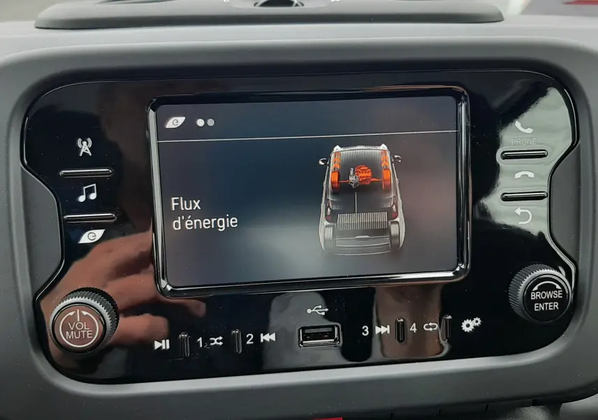 Écran central de la Fiat Panda 2025 montrant le flux d'énergie, avec commandes audio et USB visibles.