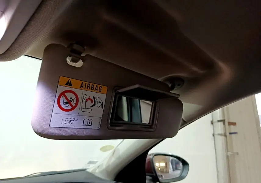 Vue intérieure côté conducteur de l'Opel Insignia rouge, avec pare-soleil et rétroviseur latéral visible.