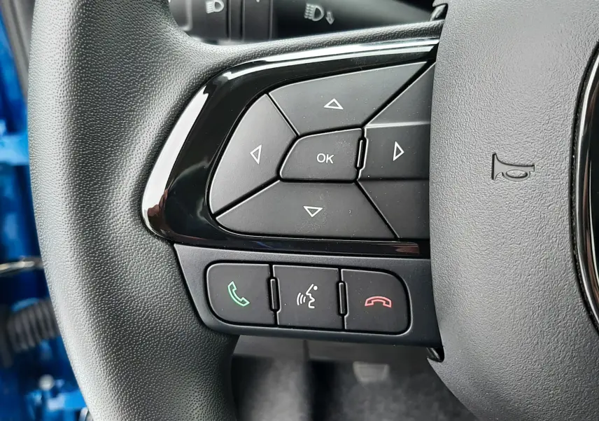 Gros plan sur les commandes au volant côté gauche de la Fiat Panda 2025 bleu Italia, avec boutons multifonctions et volant noir.