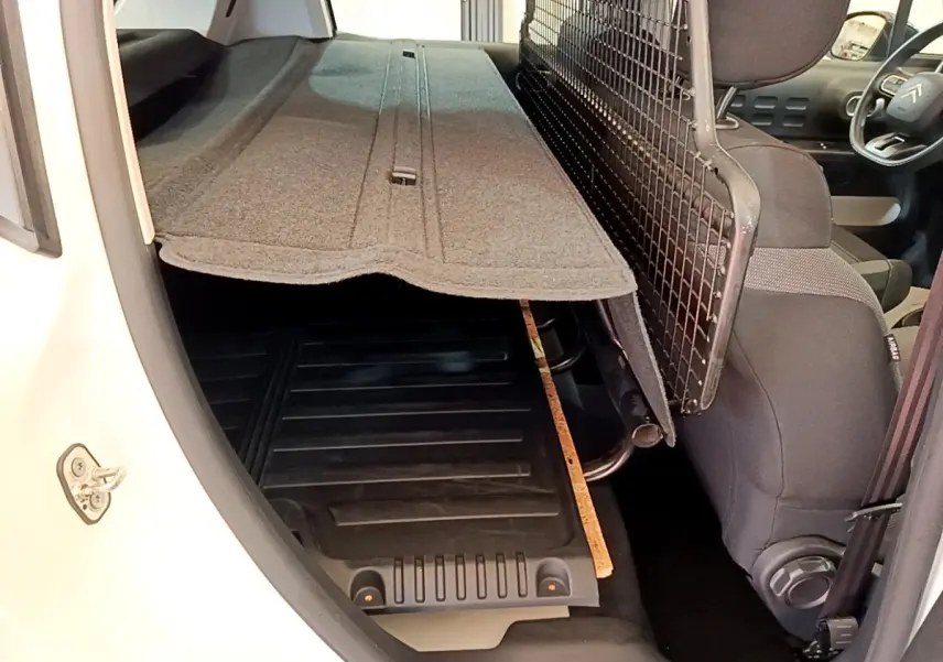 Vue intérieure arrière droite d'une Citroën C3 blanche avec séparation grillagée et plancher de coffre visible.