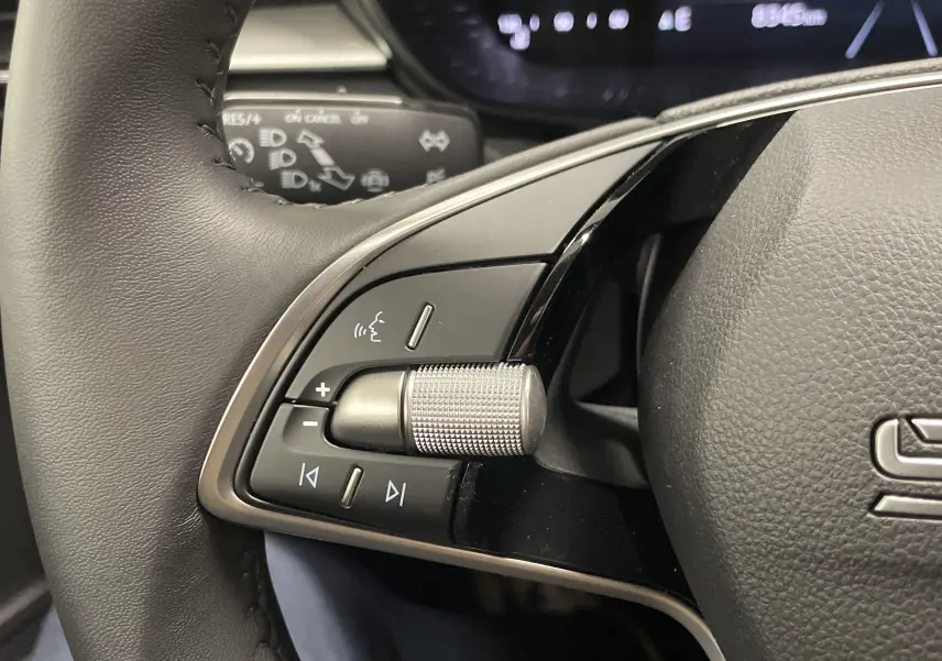 Gros plan sur les commandes audio et vocales au volant d'une Skoda Fabia 2025, cuir noir et détails métalliques.