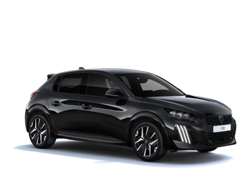 Peugeot 208 1.2 Hybrid 145ch GT noir perla en vue 3/4 avant droit avec feux LED verticaux distinctifs.