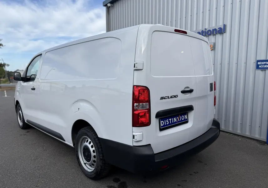 Vue 3/4 arrière droite du FIAT Scudo Fourgon blanc Icy, avec portes arrière pleines et feux rouges visibles.