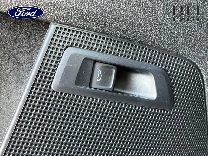 Bouton d'ouverture du coffre en plastique noir sur panneau intérieur texturé, détail d'un véhicule Ford.