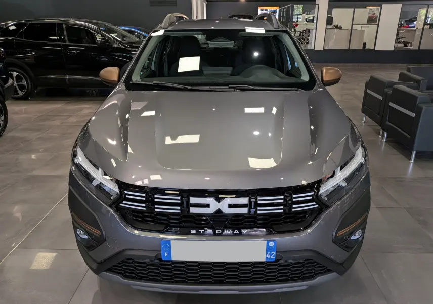 Vue avant d'une Dacia Sandero Stepway TCe 110 Gris Schiste, avec calandre noire et détails bronze sur les rétroviseurs.