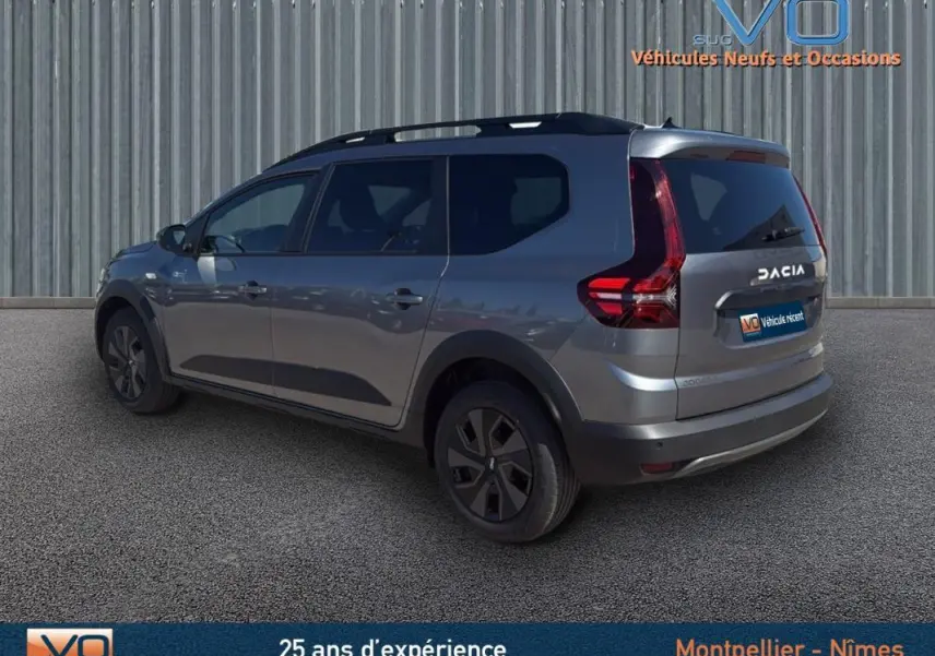 Vue 3/4 arrière gauche d'un Dacia Jogger gris 2025 avec barres de toit et feux arrière verticaux distinctifs.