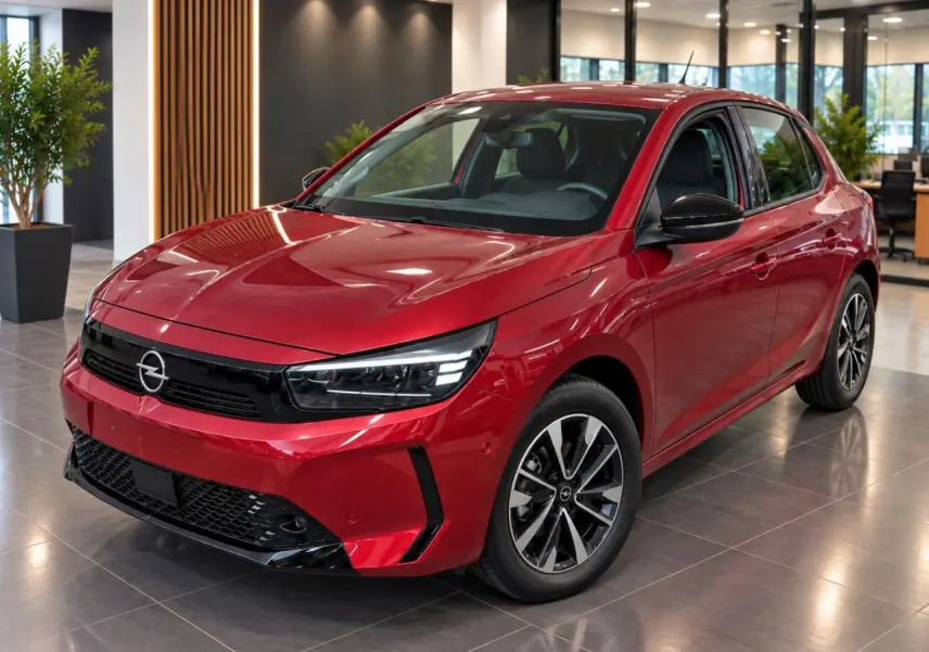 Opel Corsa 1,2 Hybrid 110 CV 2025 en peperoncino red, vue 3/4 avant droit, jantes alliage noires et grises.