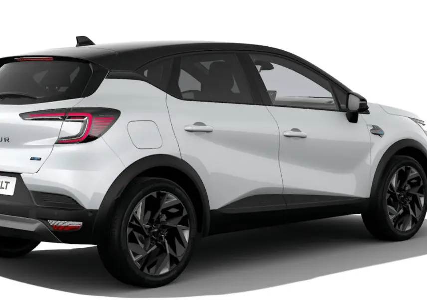 Renault Captur blanc nacré bi-ton vue 3/4 arrière droit avec toit noir et jantes noires stylisées.