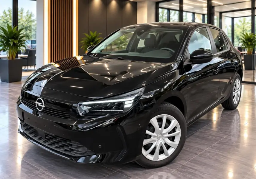 Opel Corsa 2025 noir karbon vue 3/4 avant droit, avec phares LED et jantes argentées en intérieur showroom.
