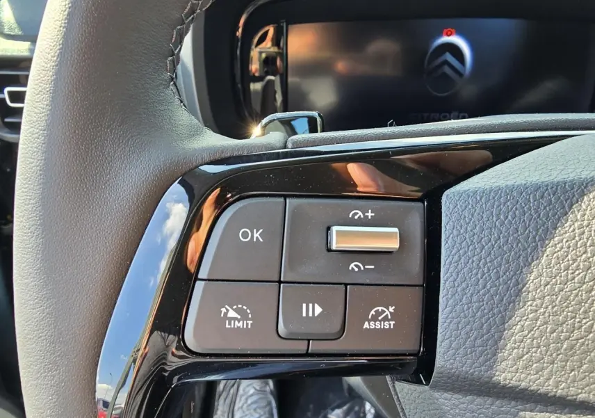 Gros plan sur les commandes du volant cuir multifonction du Citroën Berlingo 2025, version diesel bleu Kiama métal.