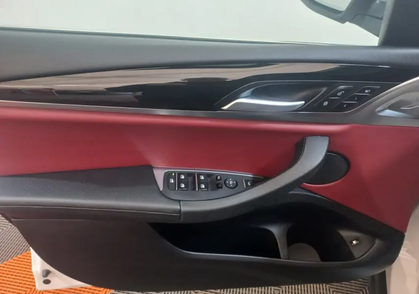 Vue intérieure côté gauche de la porte BMW X3 xDrive30e 2022 avec garniture rouge et commandes électriques.