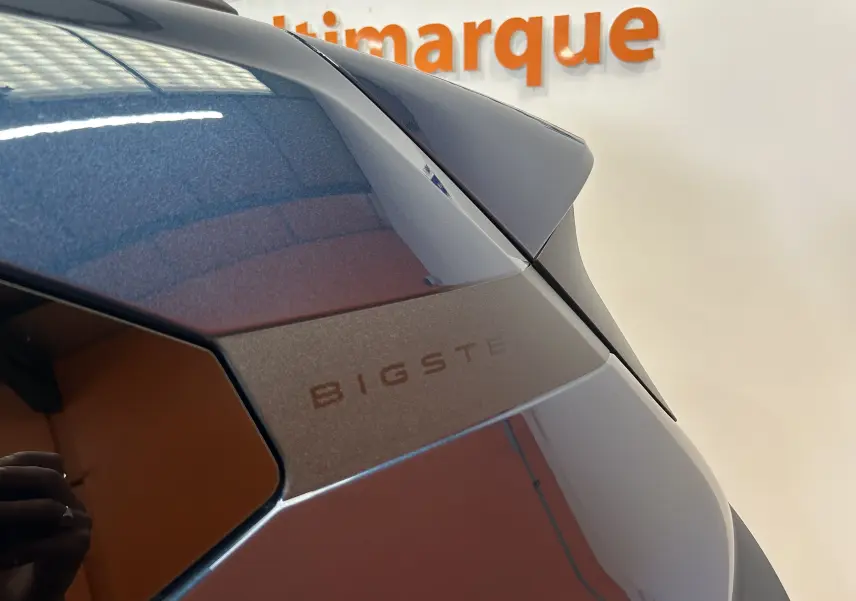Détail du hayon arrière bleu indigo du Dacia Bigster 2026 avec logo discret et toit légèrement visible en arrière-plan.