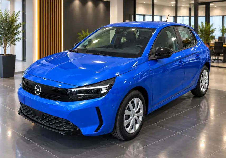 Opel Corsa 1,2 100 CV Edition bleu voltaik vue 3/4 avant avec calandre noire et jantes argentées en showroom.