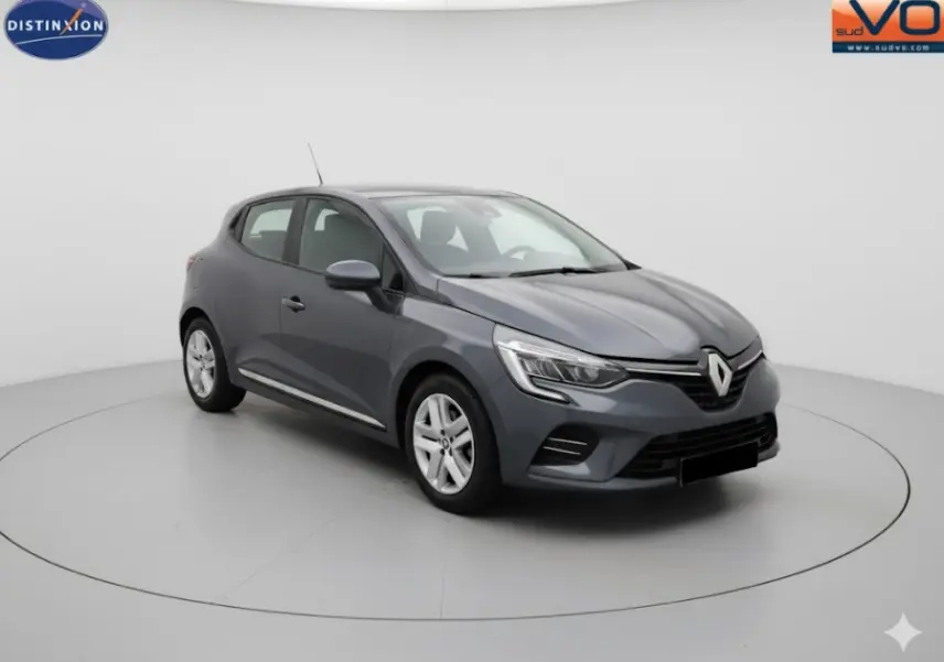 Renault Clio gris foncé vue 3/4 avant droit, avec phares LED et jantes alliage cinq branches.