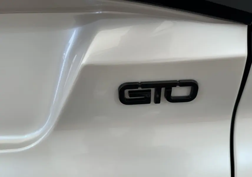 Détail du logo GTO en noir sur la porte blanche d'une Aixam Ambition 0.5 City GTO 2026.