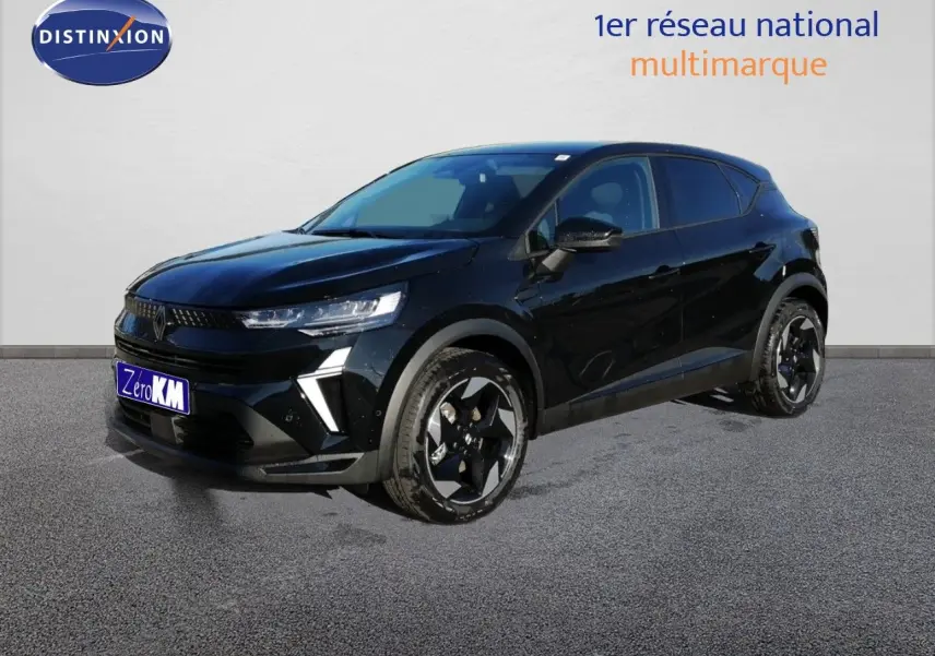 Renault Captur E-Tech hybride noir étoile métal en 3/4 avant droit avec jantes bicolores et feux LED distinctifs.