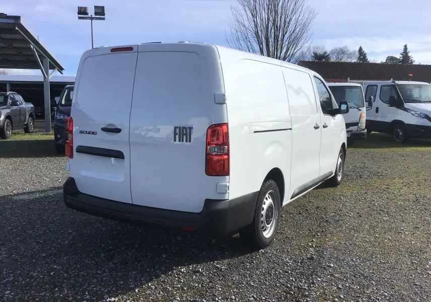 Vue 3/4 arrière droite du FIAT Scudo Fourgon blanc 2024 avec portes arrière battantes et protections noires.
