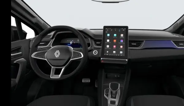 Vue intérieure avant du Renault SYMBIOZ gris Rafale, tableau de bord moderne avec écran tactile vertical central.