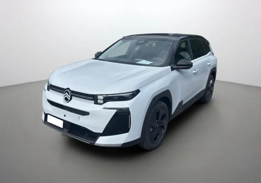 Citroën C5 Aircross New Hybrid blanc okénite avec toit noir, vue 3/4 avant droit sur fond neutre.