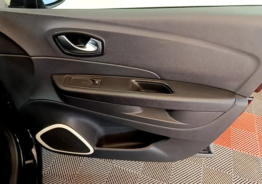 Vue intérieure côté gauche de la porte avant noire du Renault Captur Business TCe 90 avec poignée et commande de vitre.