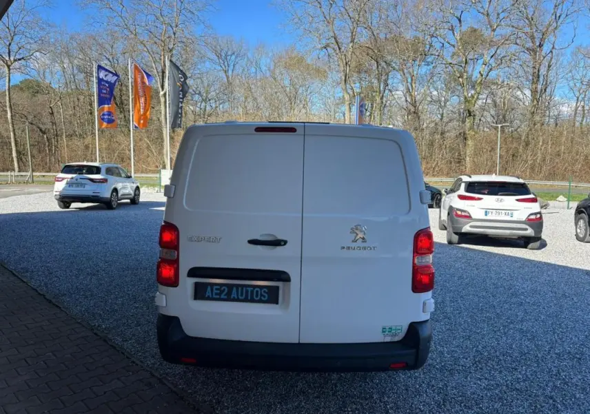 Vue arrière d’un Peugeot Expert Fourgon blanc 2018 avec portes battantes et feux rouges visibles.