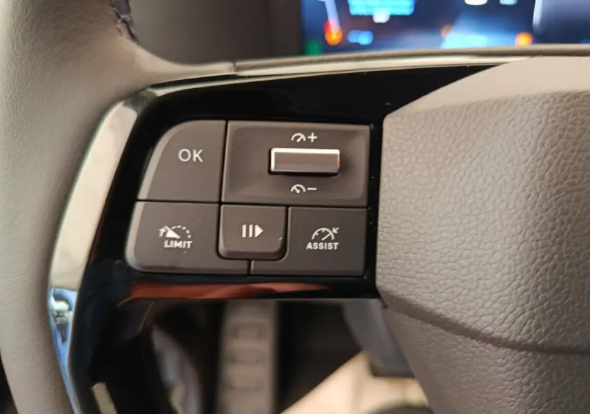 Gros plan sur les commandes de régulateur de vitesse au volant gris du Peugeot Expert Fourgon XL noir.