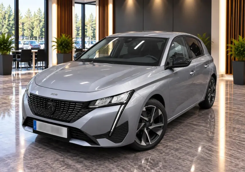 Peugeot 308 gris sellenium vue 3/4 avant droit, avec calandre noire et feux LED verticaux distinctifs.