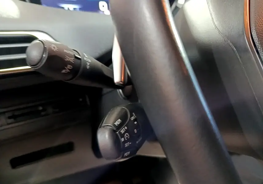 Gros plan sur la commande multifonction sous le volant cuir du Peugeot 5008 gris clair, version 2020.