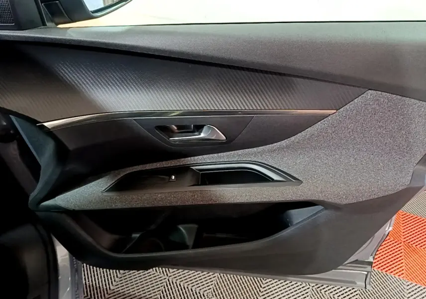 Vue intérieure côté gauche de la porte avant gris clair du Peugeot 5008 avec poignée et commandes de vitre intégrées.