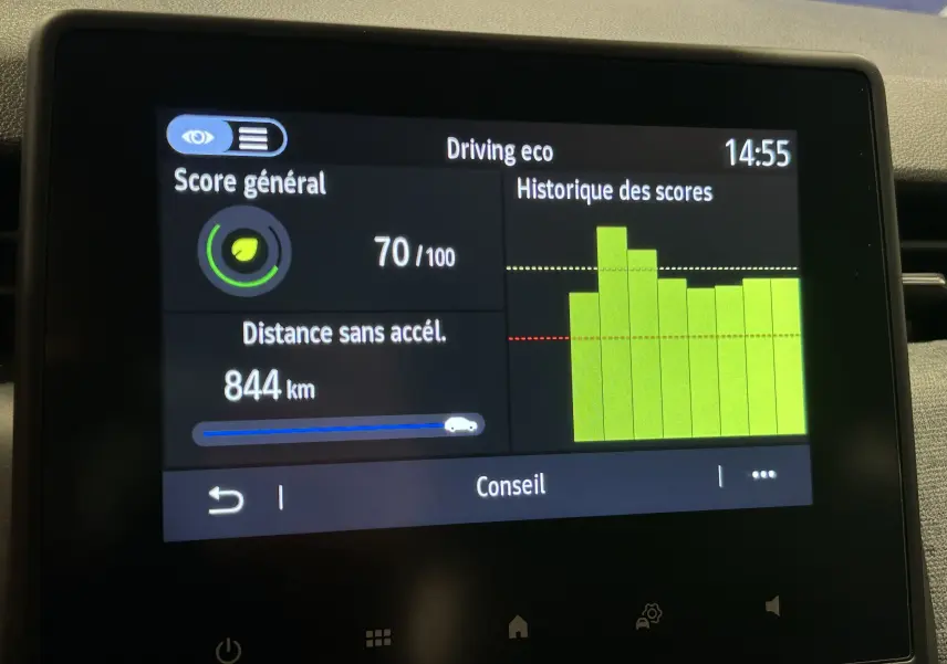 Écran central de la Renault Clio V blanc montrant le score éco de conduite et l'historique des scores.