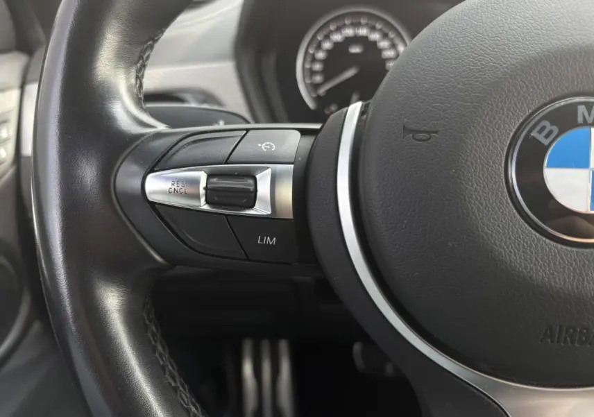 Gros plan sur le volant cuir noir du BMW X2 F39, avec commandes multifonctions et logo BMW visible au centre.