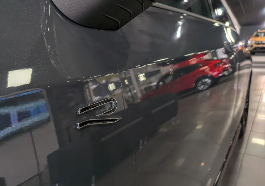 Gros plan sur la porte côté gauche d'une Volkswagen Golf gris dauphin avec le logo R-LINE brillant.