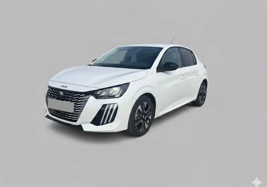 Peugeot 208 Hybrid 110 e-DCS6 Allure blanc vue 3/4 avant avec calandre noire et jantes foncées.