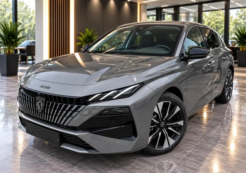Vue 3/4 avant droite d'une Peugeot 408 gris sellenium avec calandre verticale distinctive et jantes noires et argentées.
