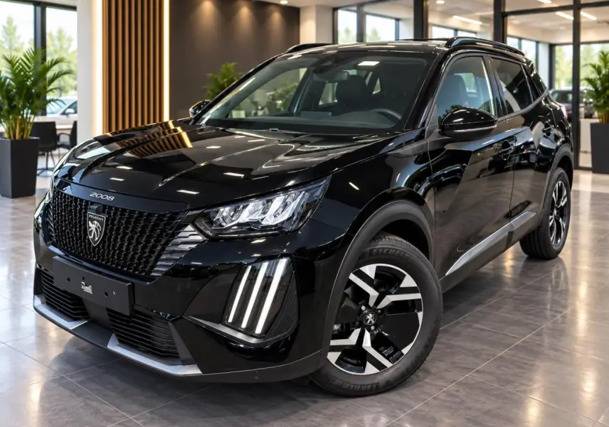 Peugeot 2008 noir perla en 3/4 avant droit, avec calandre imposante et feux LED verticaux distinctifs.