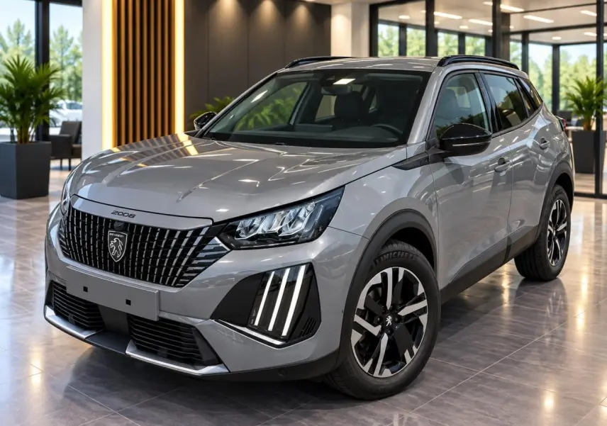 Peugeot 2008 1,2 100 CV Allure sellenium vue 3/4 avant droit avec calandre noire et feux LED verticaux.