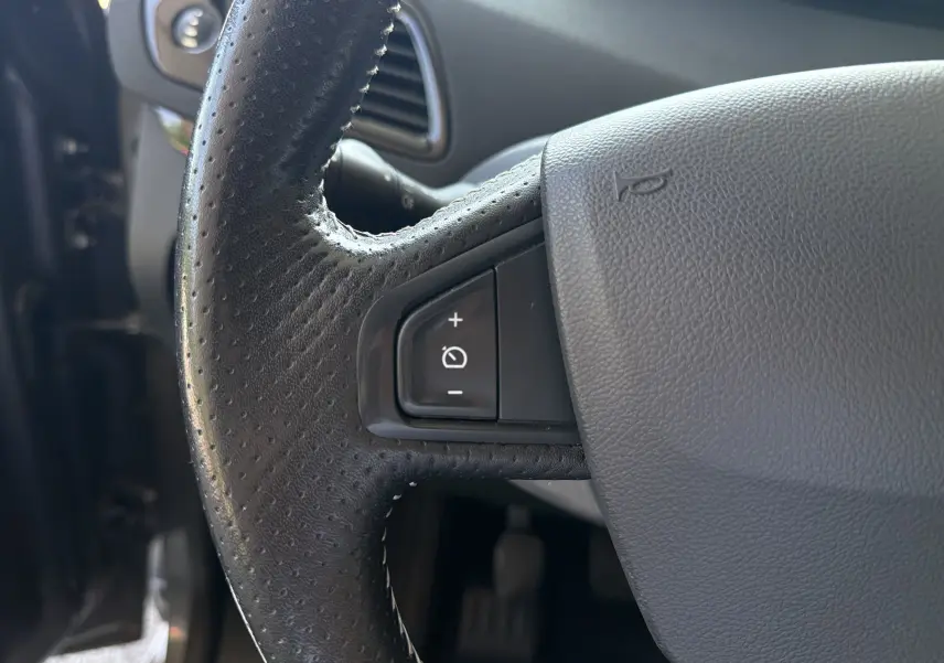 Gros plan sur le volant en cuir noir du Renault Scenic 1.5 DCI 110 Bose, montrant les commandes de régulateur de vitesse.