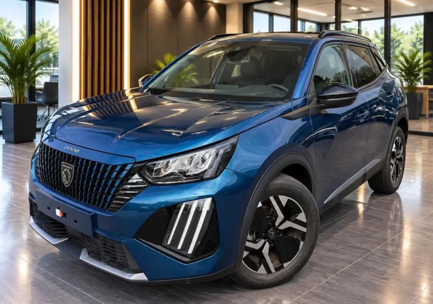 Peugeot 2008 bleu obsession en 3/4 avant droit, avec calandre noire et feux à griffes LED distinctifs.