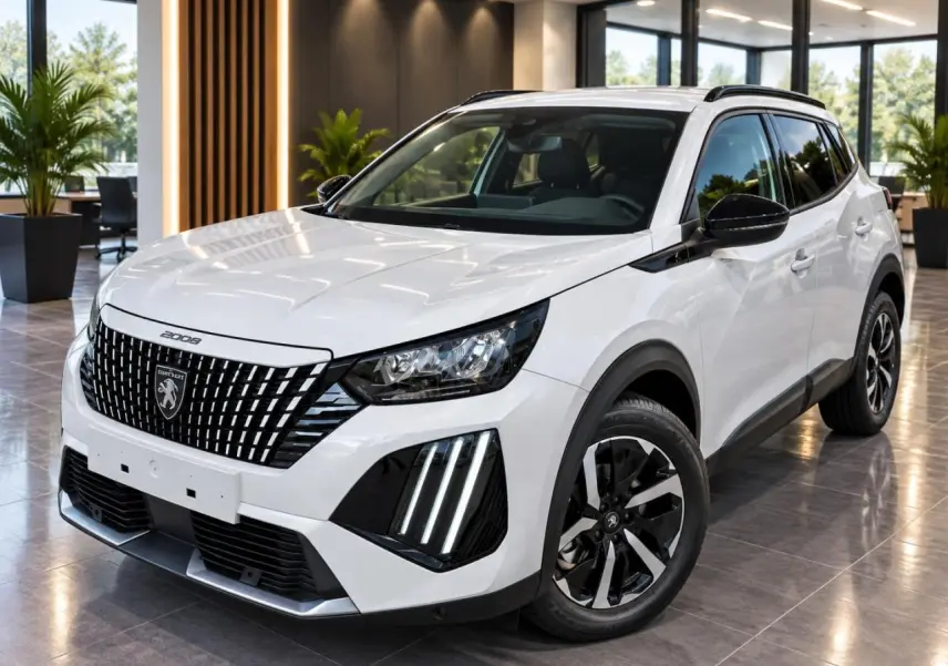 Peugeot 2008 blanc okenite en 3/4 avant droit, avec calandre noire distinctive et feux LED verticaux allumés.