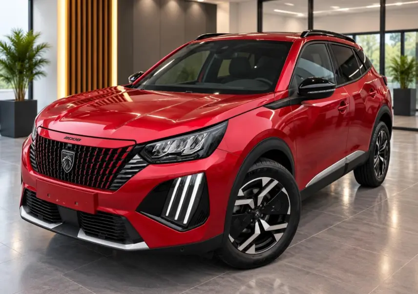 Peugeot 2008 rouge elixir en 3/4 avant droit, avec calandre noire et feux LED verticalisés, dans un showroom lumineux.