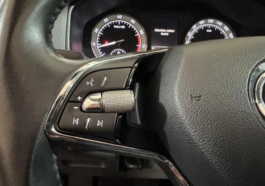 Gros plan sur les commandes gauche du volant cuir noir du Skoda Karoq blanc, avec tableau de bord numérique en arrière-plan.