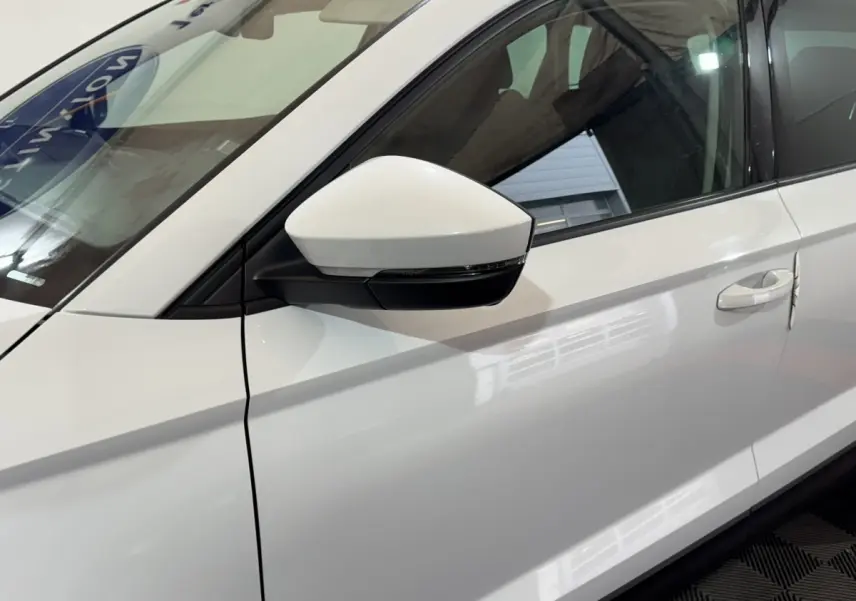 Vue rapprochée du côté gauche blanc d'un Skoda Karoq 2021, mettant en valeur le rétroviseur et la poignée de porte.