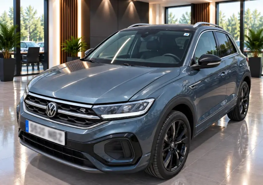 Volkswagen T-Roc 2025 gris métal en 3/4 avant droit avec jantes noires et détails R-Line visibles.