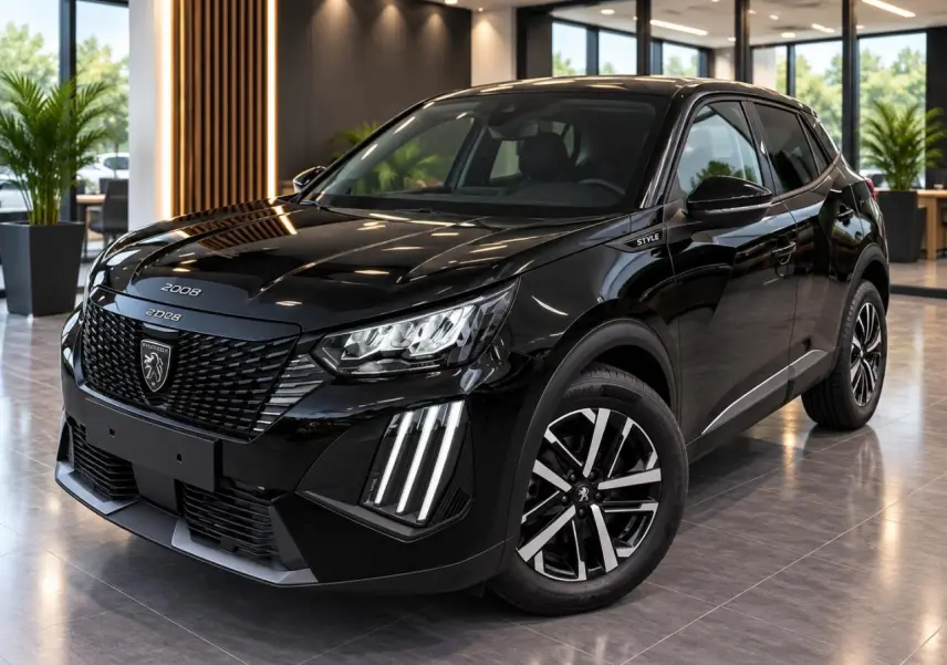 Peugeot 2008 noir perla en 3/4 avant droit, avec signature lumineuse verticale et jantes bicolores.