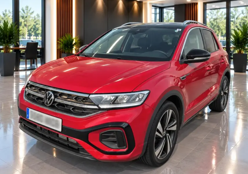 Volkswagen T-Roc rouge métal foncé en vue 3/4 avant, avec toit panoramique noir et jantes alliage noires.