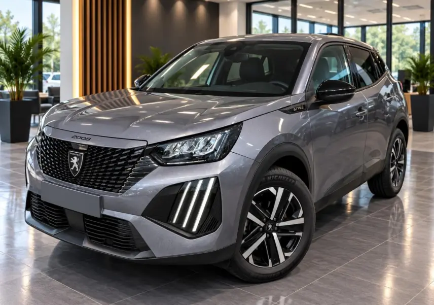Peugeot 2008 2025 artense en 3/4 avant droit, avec calandre noire et feux LED verticaux distinctifs.